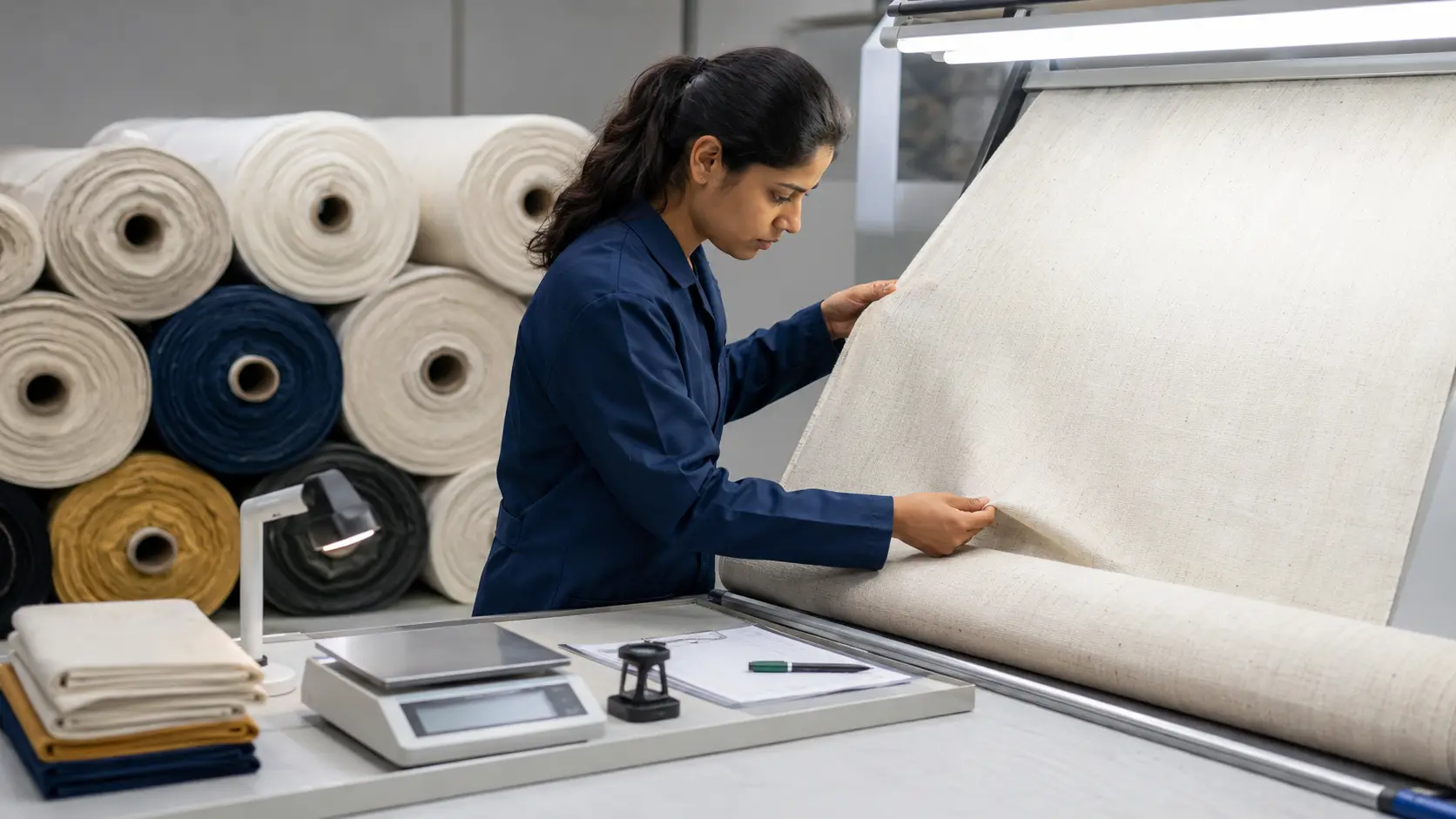 Cotton fabric inspection before drawstring bag production