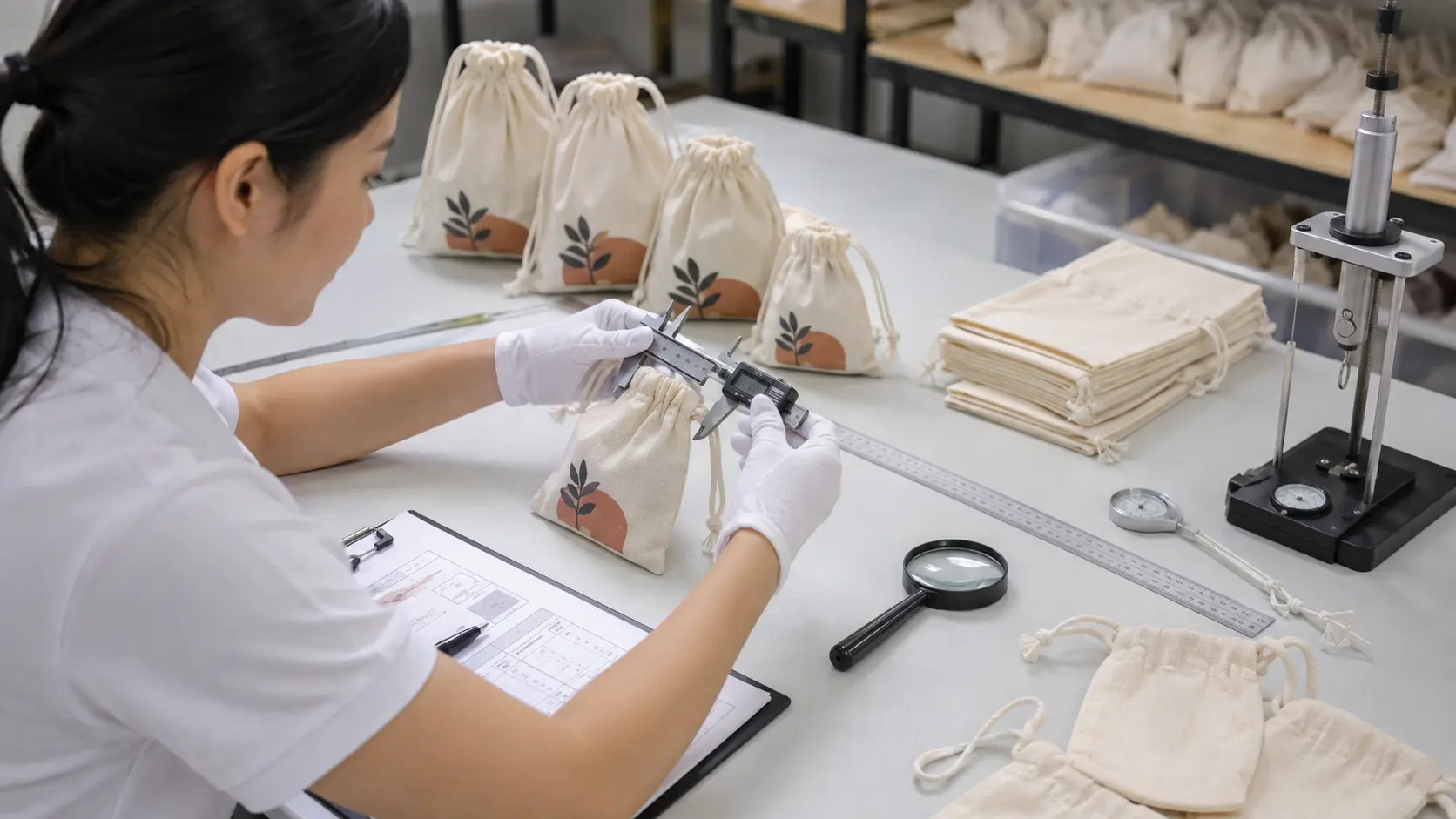 Finished cotton drawstring bag quality inspection