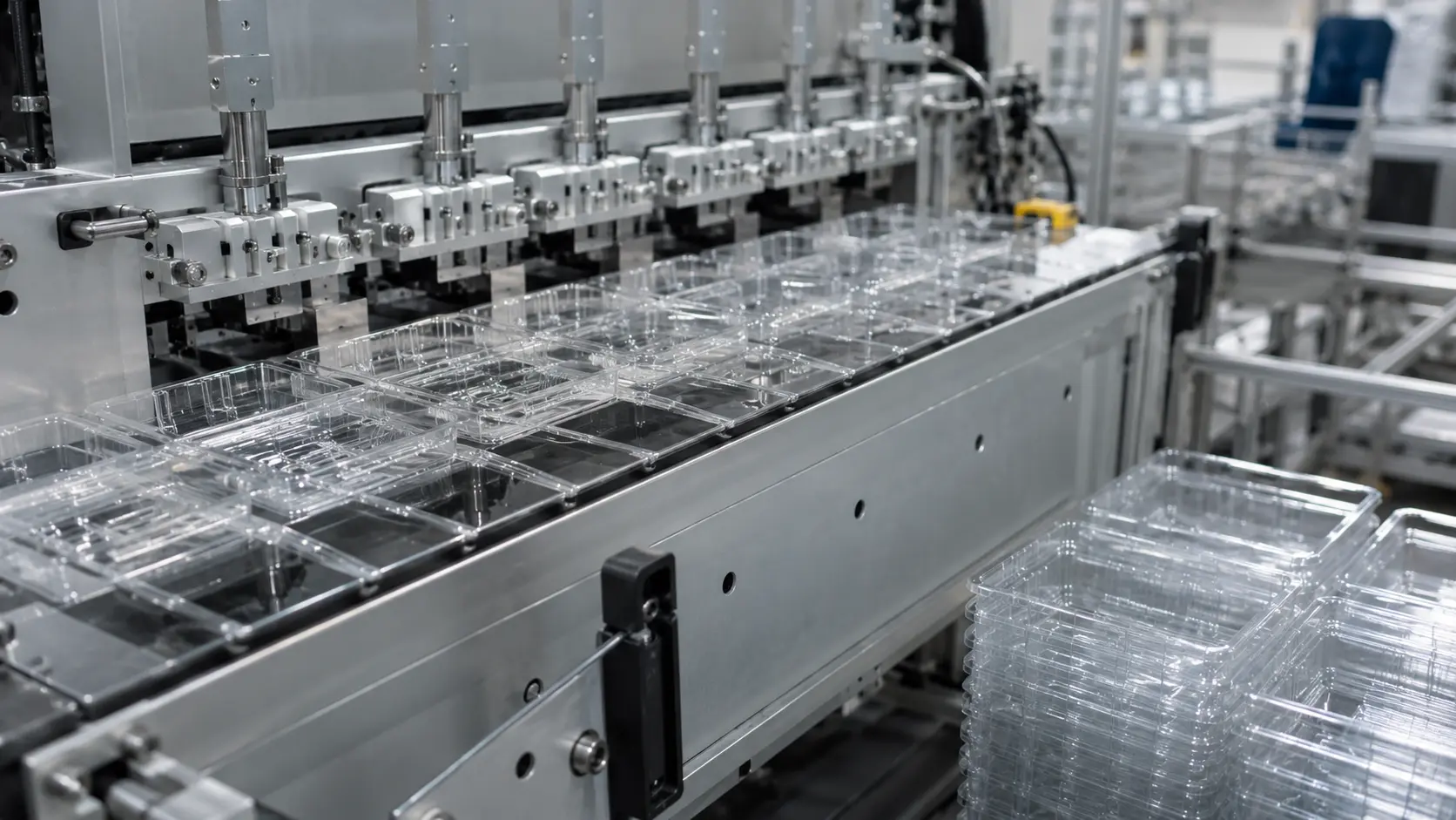 PET tray trimming and stacking after thermoforming